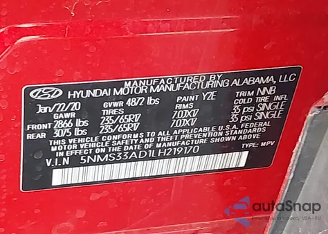 2020 Hyundai Santa Fe Sel from USA, damaged, VIN 5NMS33AD1LH219170